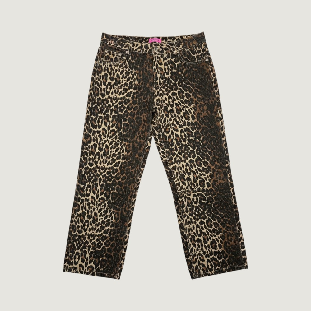 Edikted Leopard Print Denim Pants Brown Black Animal Print Straight Leg Size M